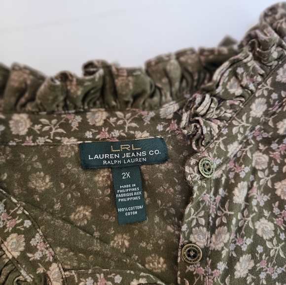 Lauren ralph lauren sz2X brown cotton floral 1/4 button up blouse ruffled neck - Picture 9 of 10